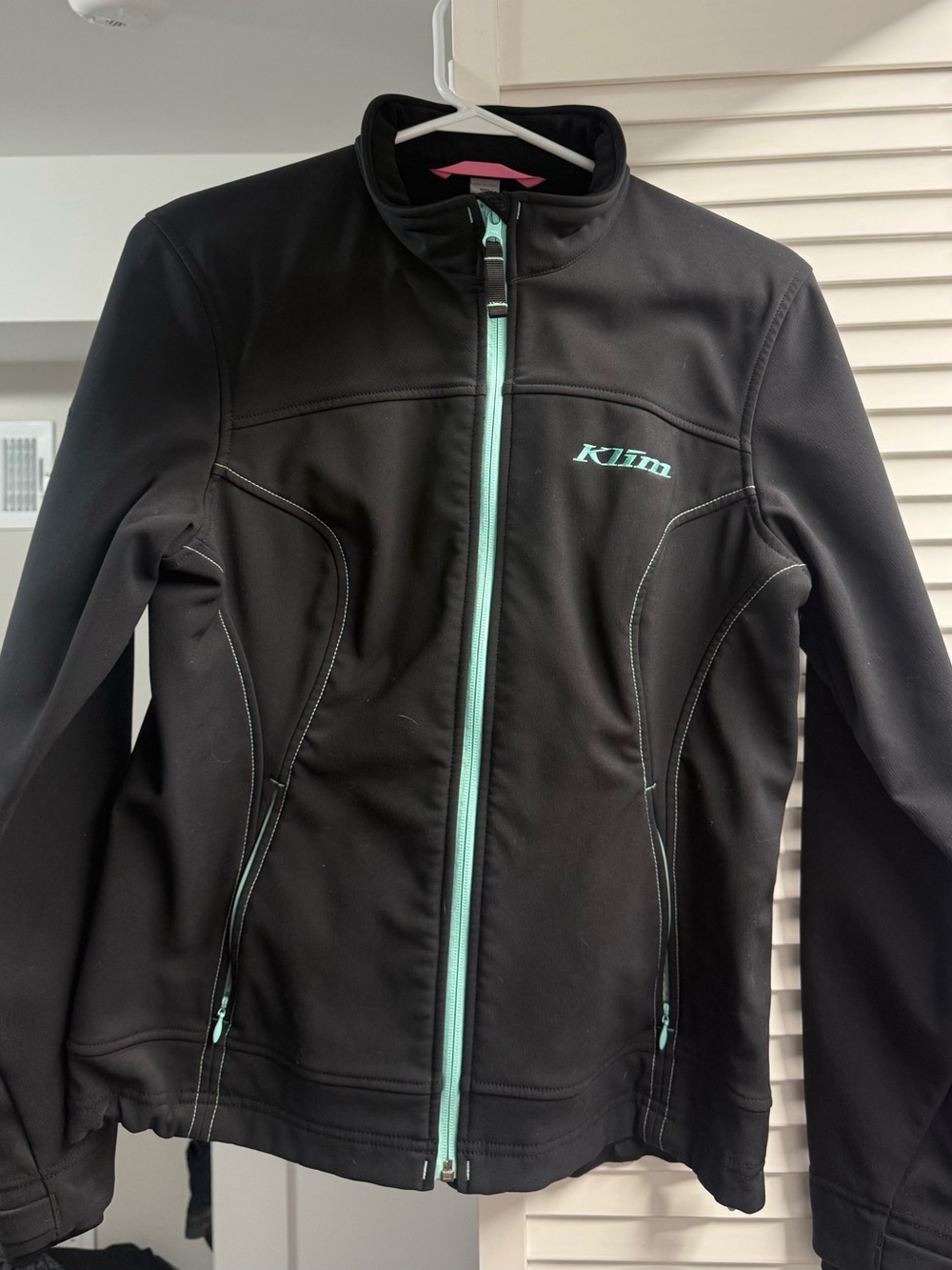 Women's Black Jacket with Mint Trim - Sleek Zip-Front Coat